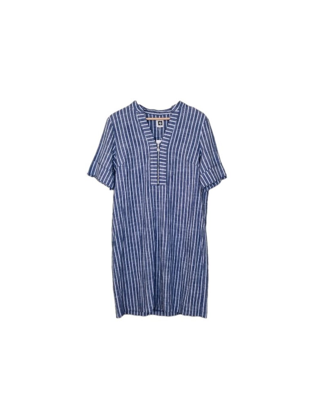 Anne Klein Tunic Shirt Dress 12 Blue White Stripes Cotton Viscose Nautical Boho